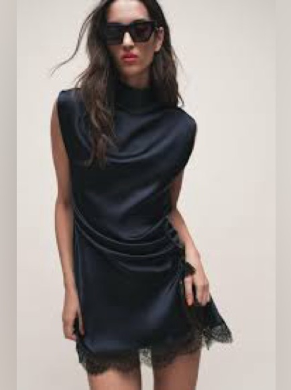 Sleeveless Navy Slip Dress with Lace Hem like Zara - Picture 3 of 4